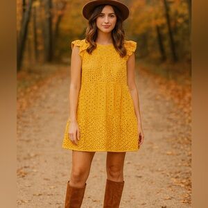 Skies Are Blue Yellow Eyelet Tiered Dress Medium Boho Cottagecore Flowy NWT